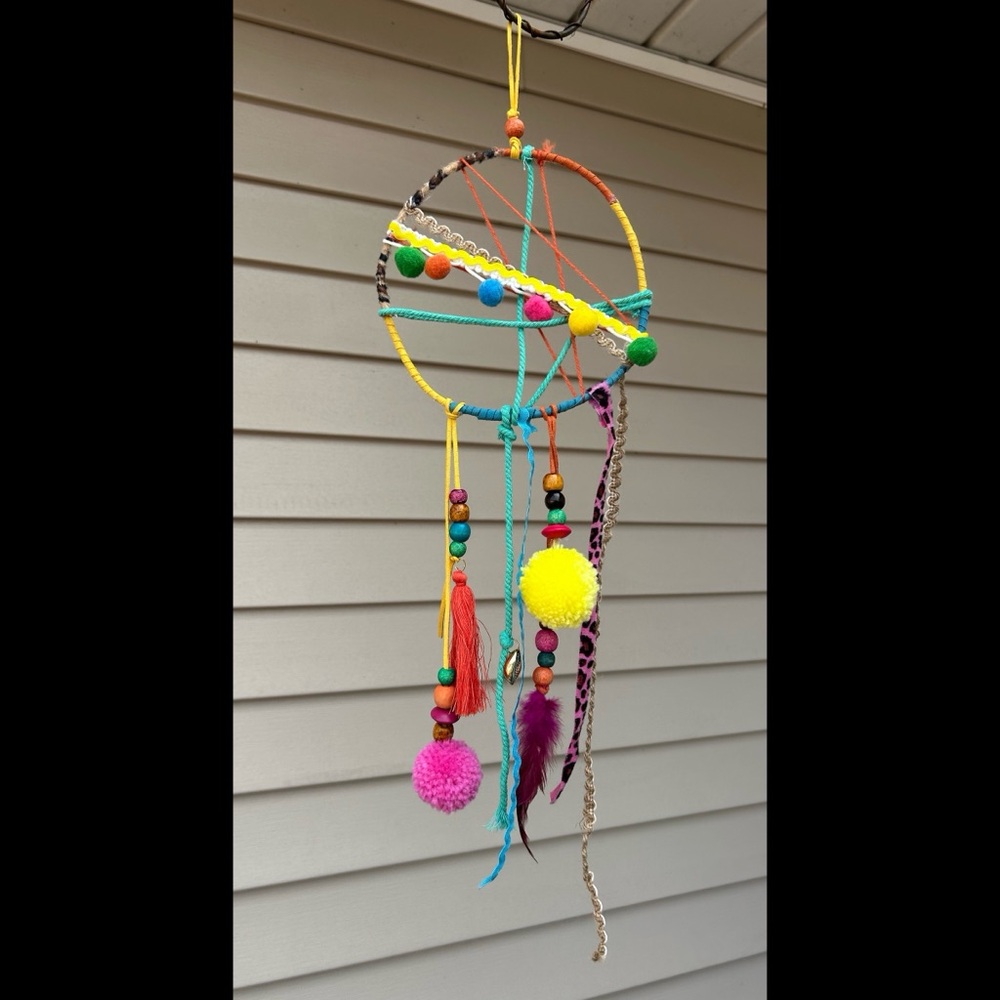 Colorful Dreamcatcher with Pom Poms and Feathers